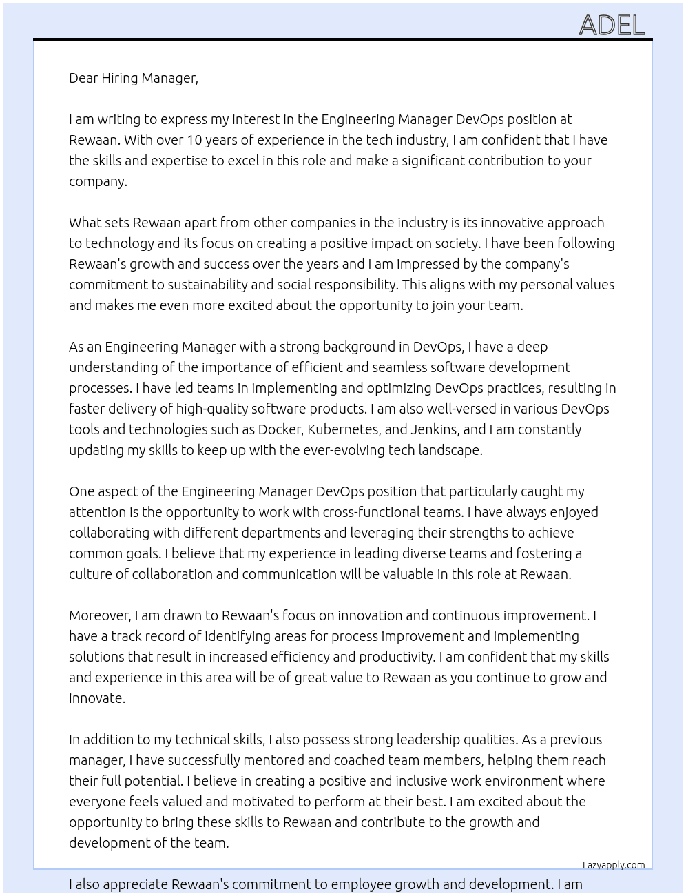 Engineering Manager DevOps  At rewaan Cover Letter