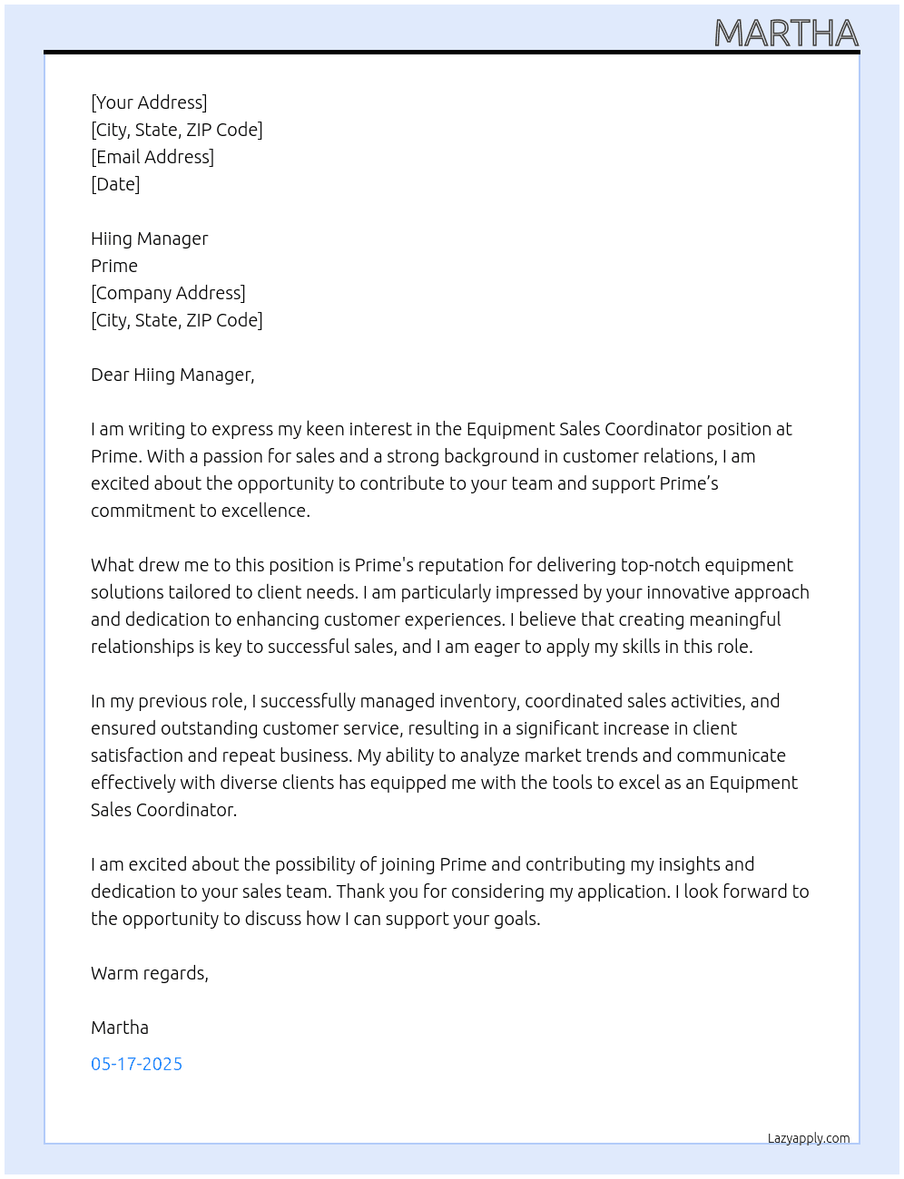 Cover letter for equipment sales coordinator - LazyApply