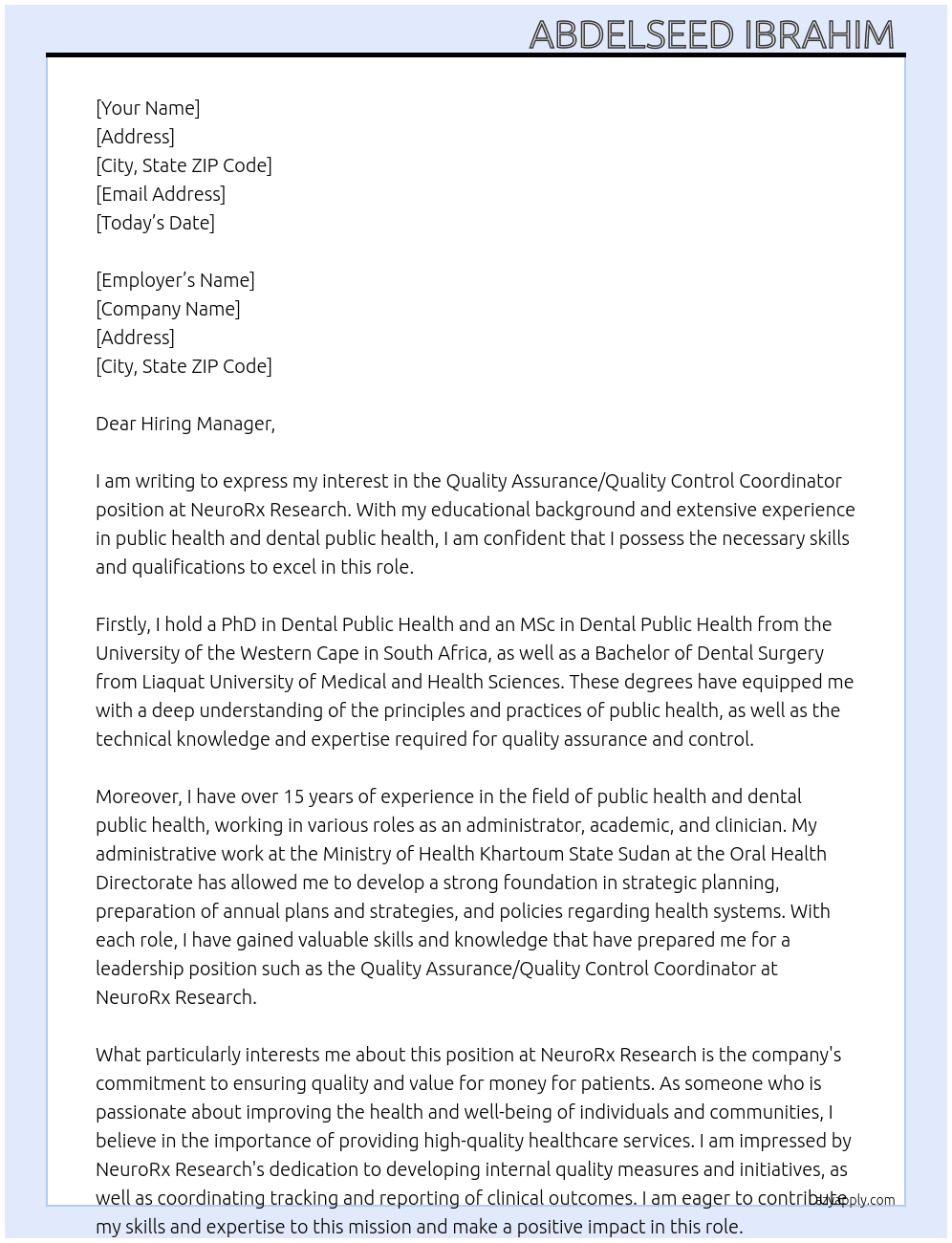 Quality Assurance / Quality Control Coordinator At NeuroRx Research  Cover Letter