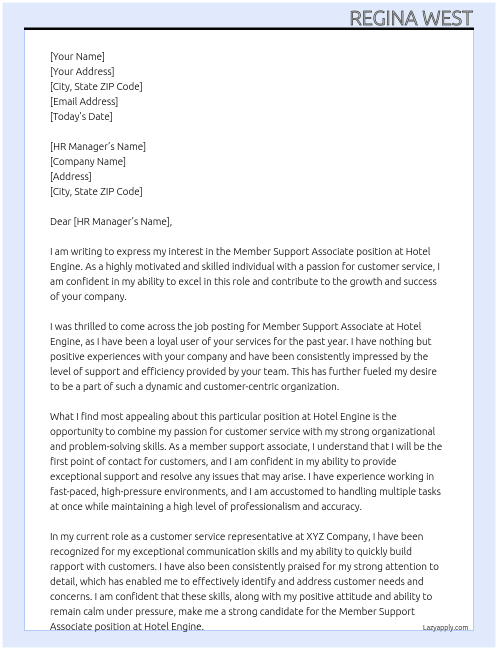 Member Support Associate At Hotel Engine Cover Letter