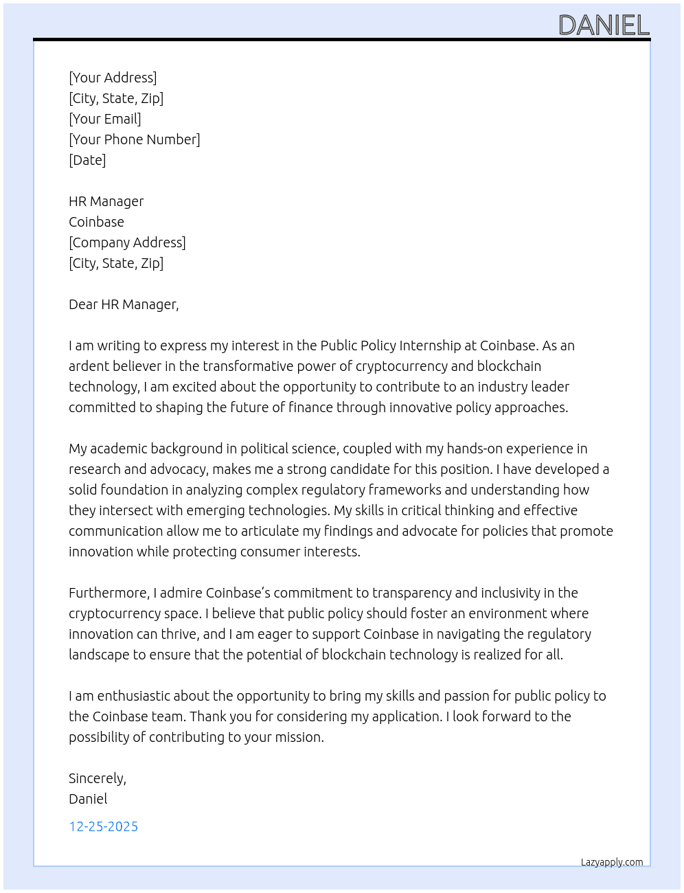 Public Policy Internship At Coinbase Cover Letter