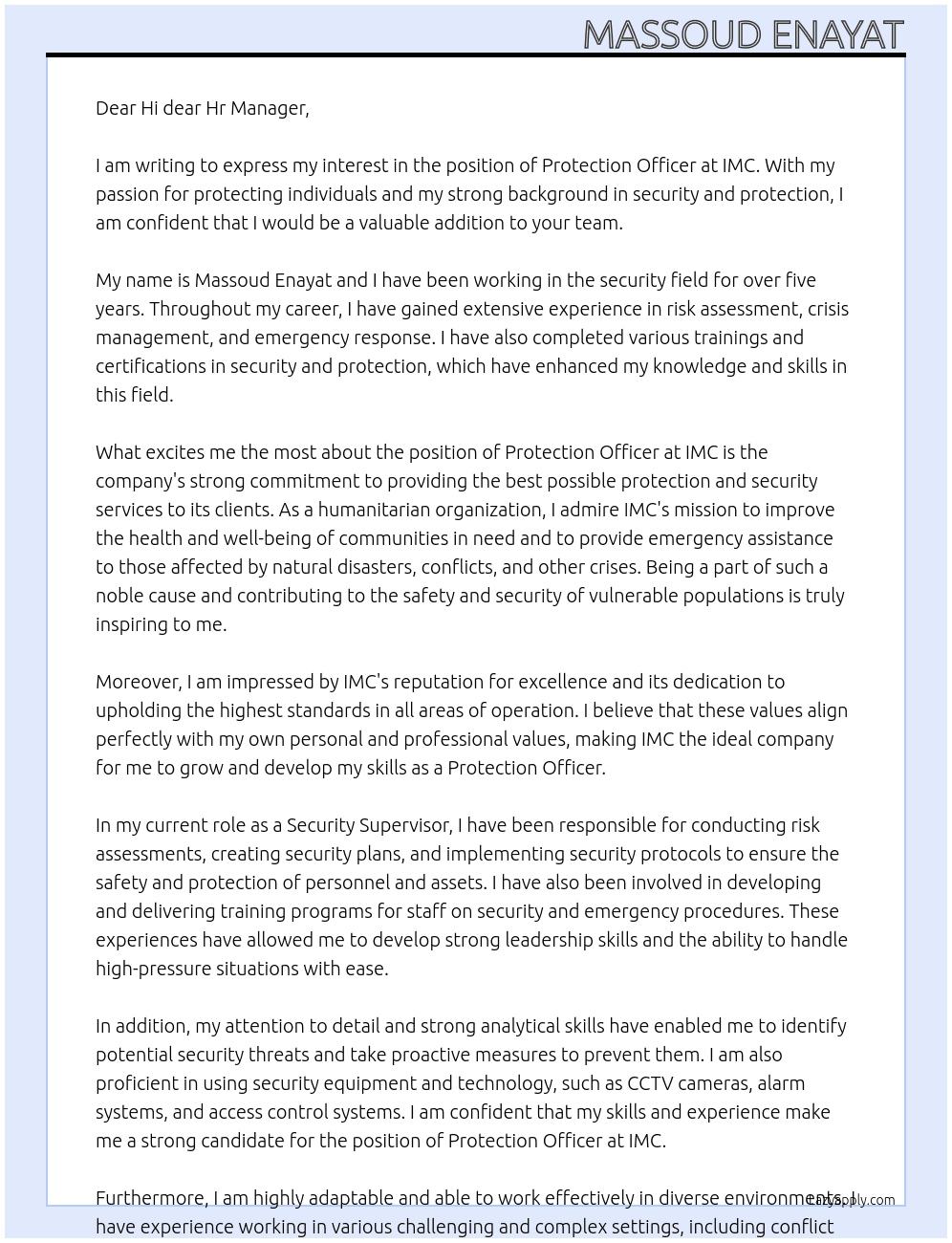 protection officer At Imc Cover Letter