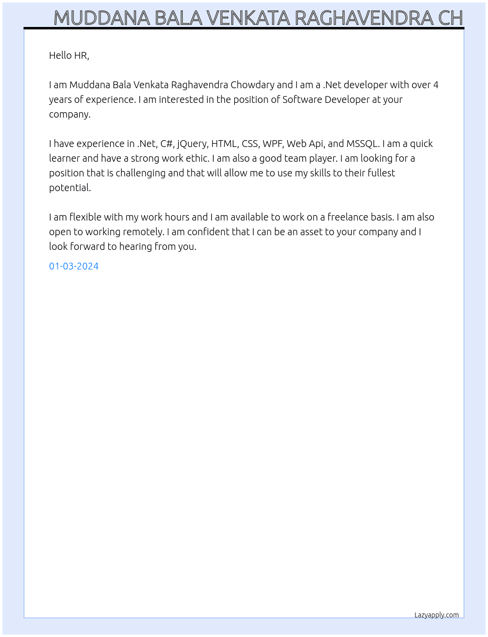 Software Developer At .Net developers Cover Letter