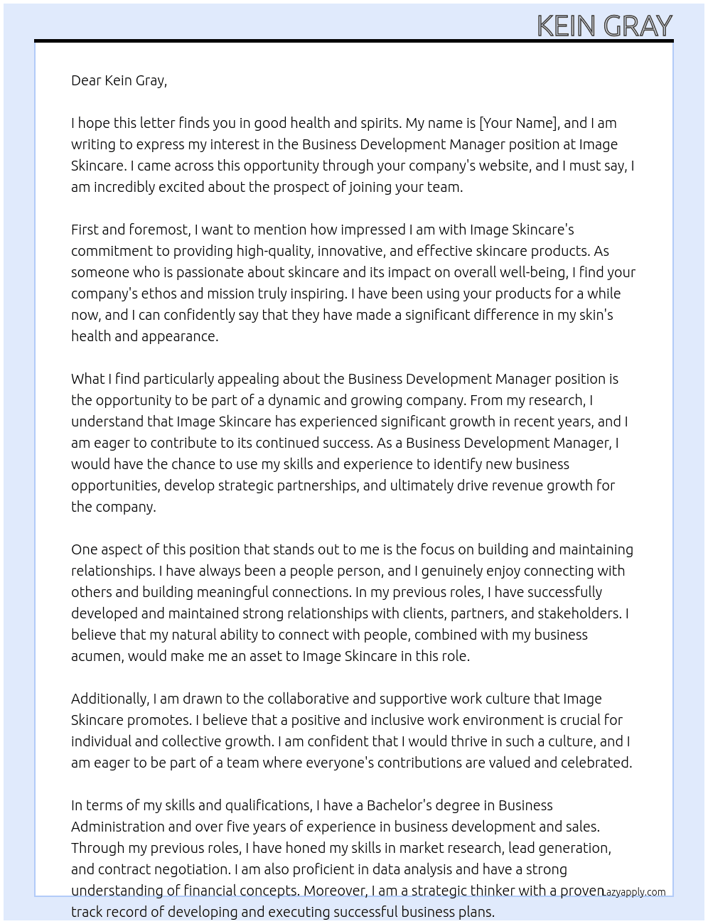 business devlopment manager At Image Skincare Cover Letter