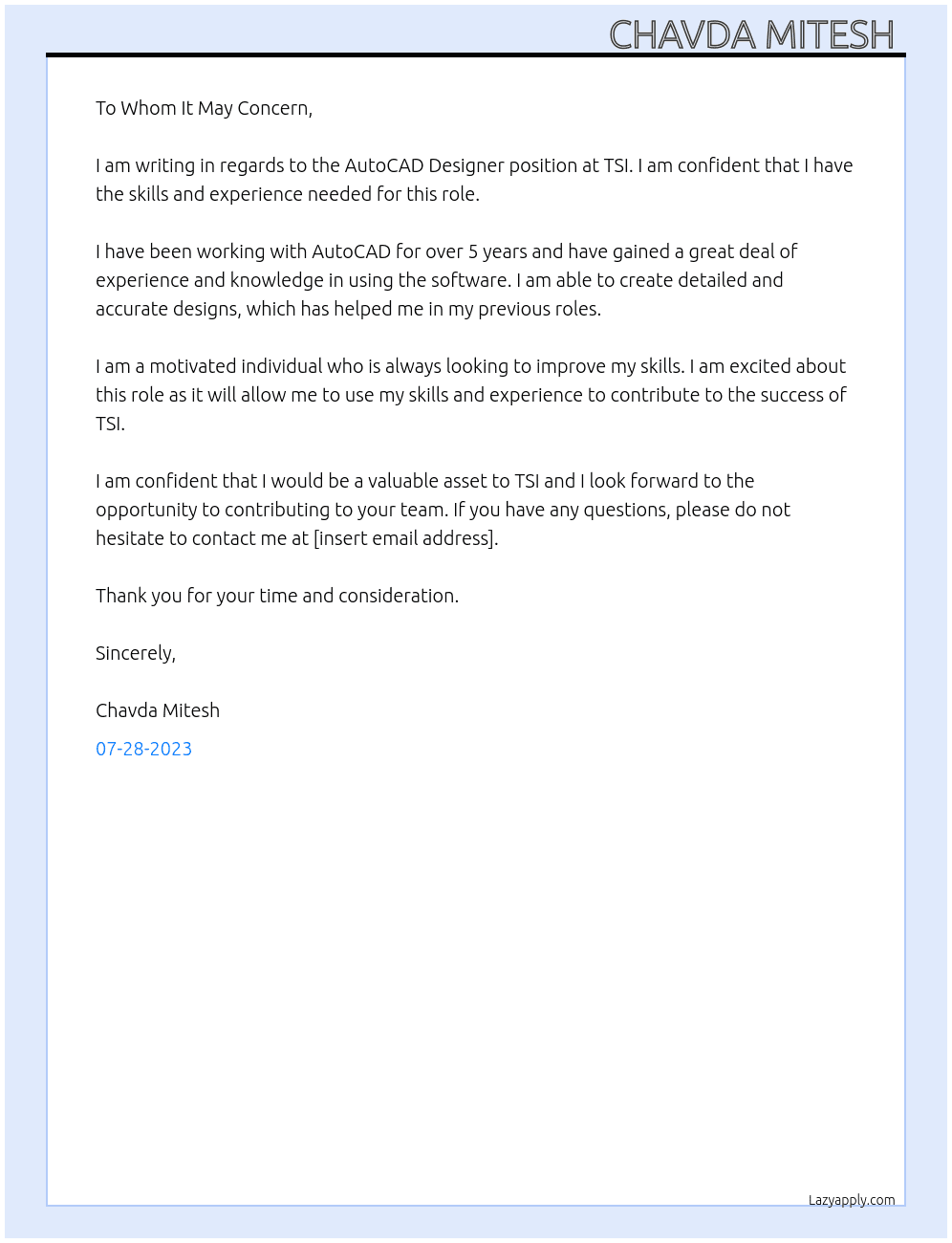AutoCad Designer  At TSI Cover Letter