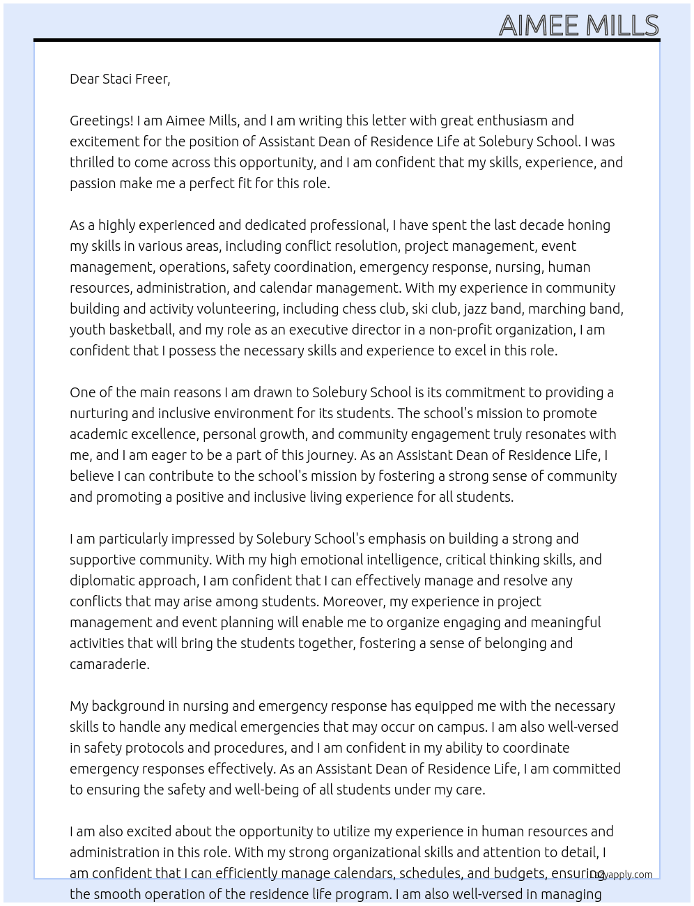 Assistant Dean of Residence Life  At Solebury School Cover Letter