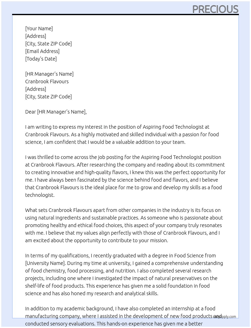 aspiring food technogist At cranbrook flavours Cover Letter