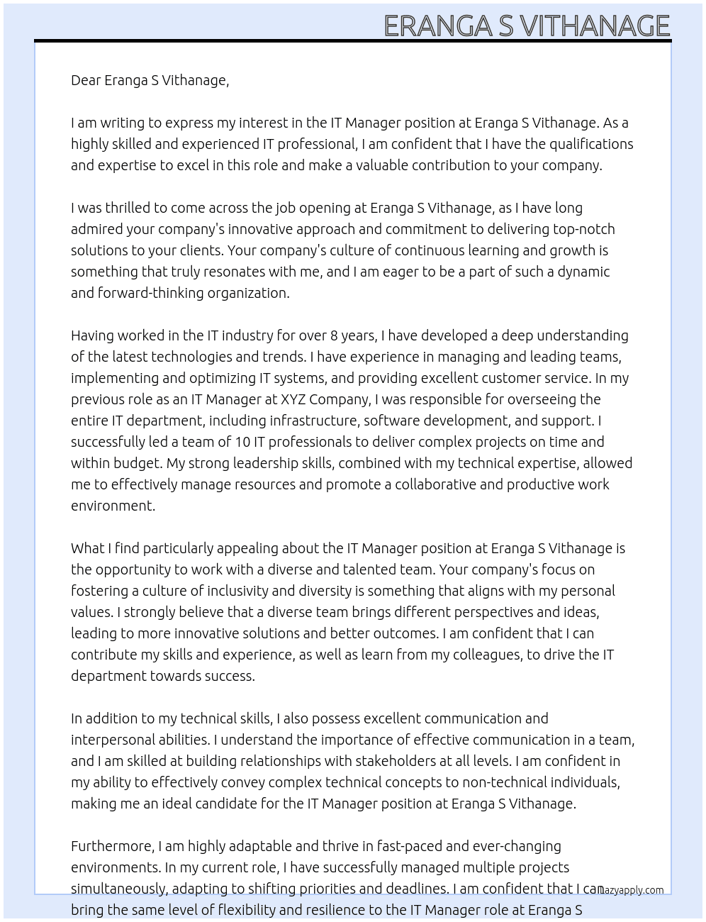 IT Manager At Eranga S Vithanage Cover Letter