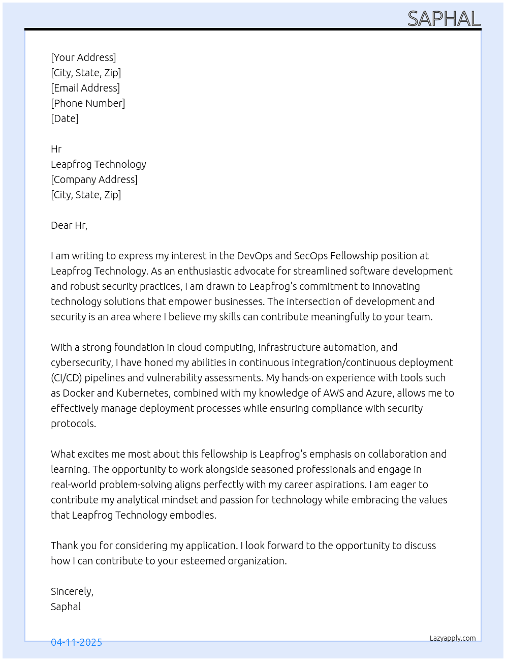 DevOps and SecOps Fellowship At Leapfrog Technology Cover Letter