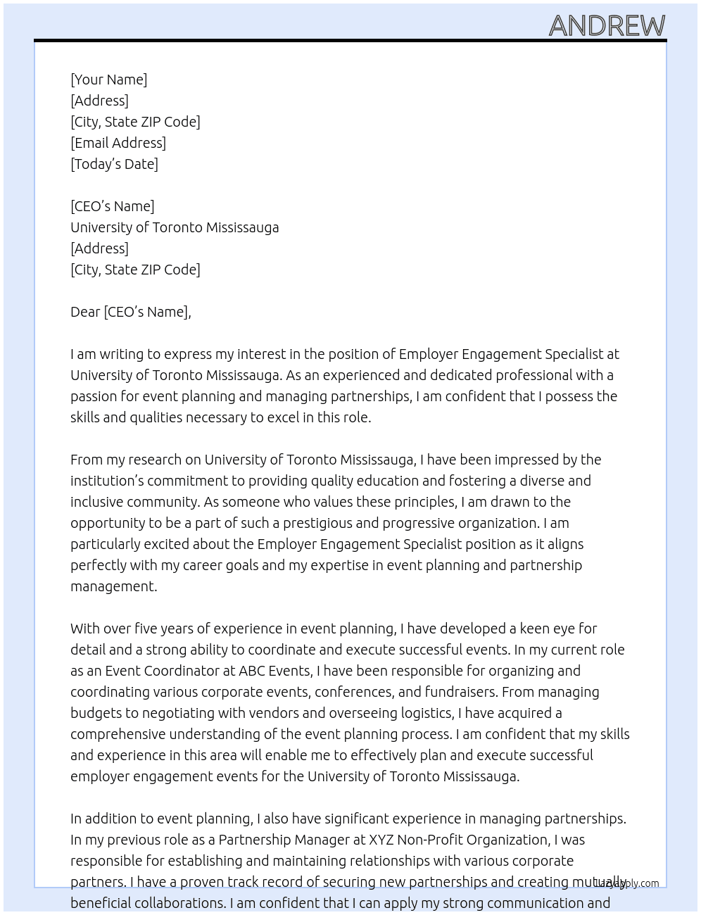 Employer Engagement Specialist  At University of Toronto Mississauga Cover Letter