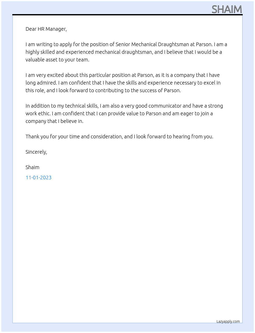 Senior Mechanical Draughtsman At Parson Cover Letter