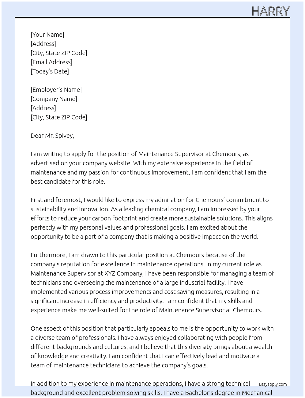 maintenance supervisor At Chemours Cover Letter