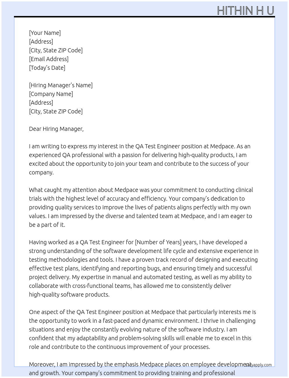 QA Test Engineer At Medpace Cover Letter