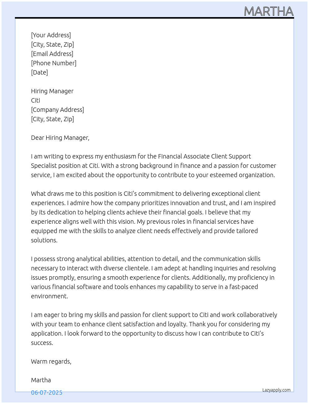 Financial Associate Client Support Specialist At Citi Cover Letter