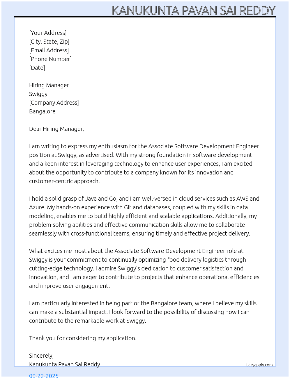 Cover letter for associate software development engineer - LazyApply