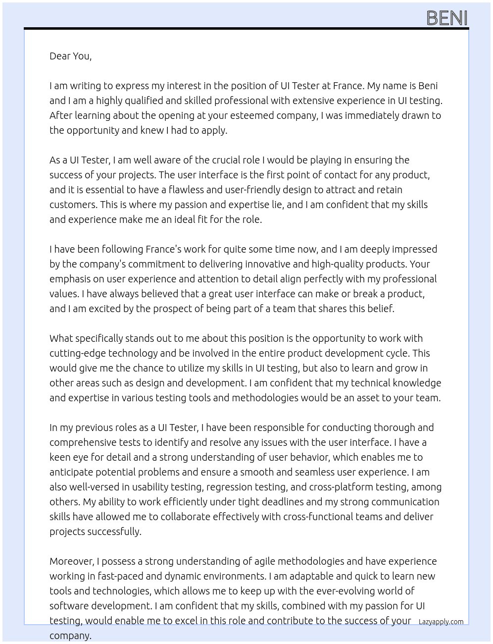 UI tester At France Cover Letter