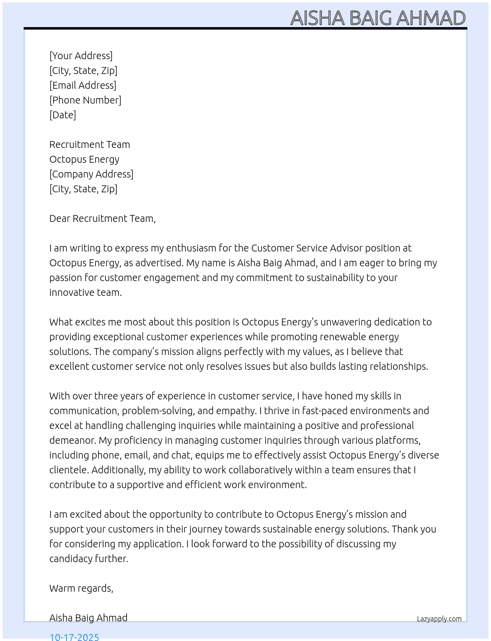 Customer Service Advisor At Octopus Energy Cover Letter