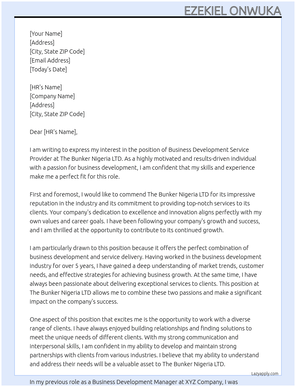 Business Development Service Provider At The Bunker Nigeria LTD Cover Letter