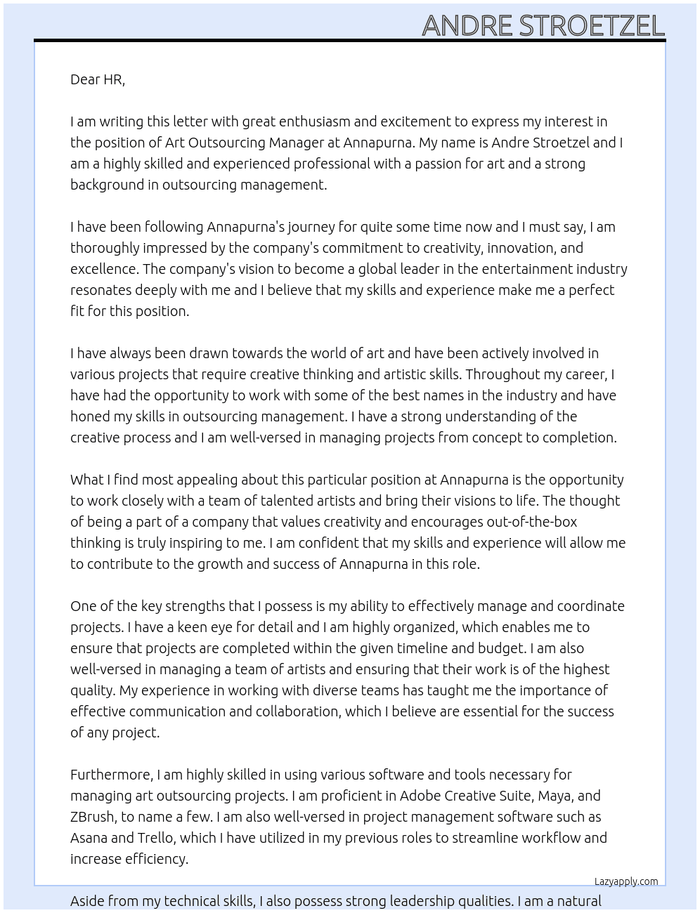 Art Outsourcing Manager At Annapurna Cover Letter