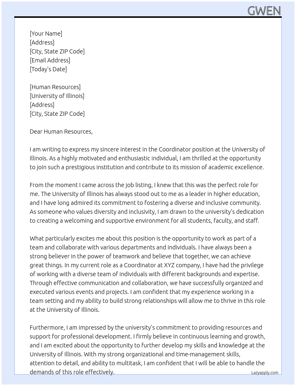 coodinator At University of Illinois Cover Letter