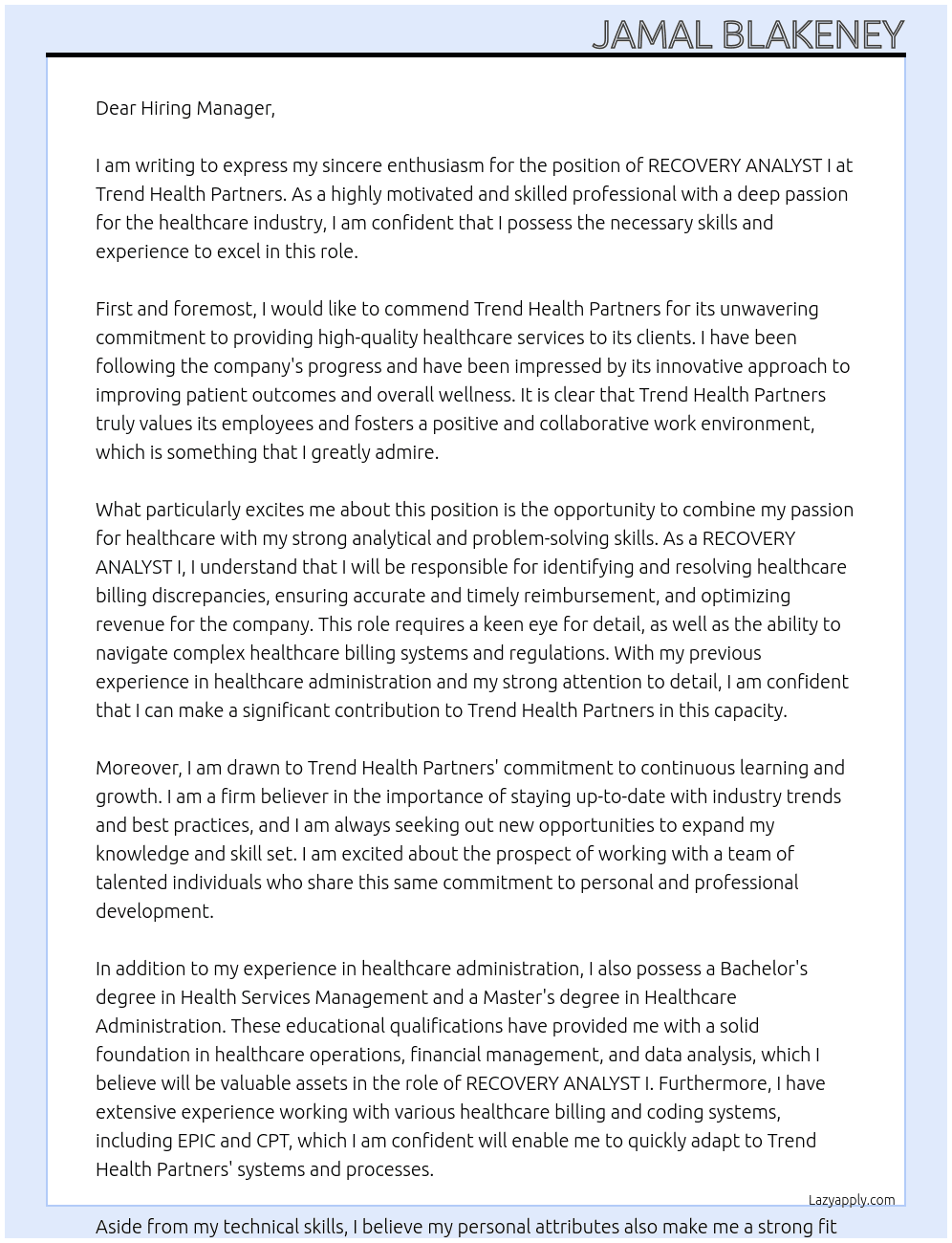 RECOVERY ANALYST I At Trend Health Partners Cover Letter