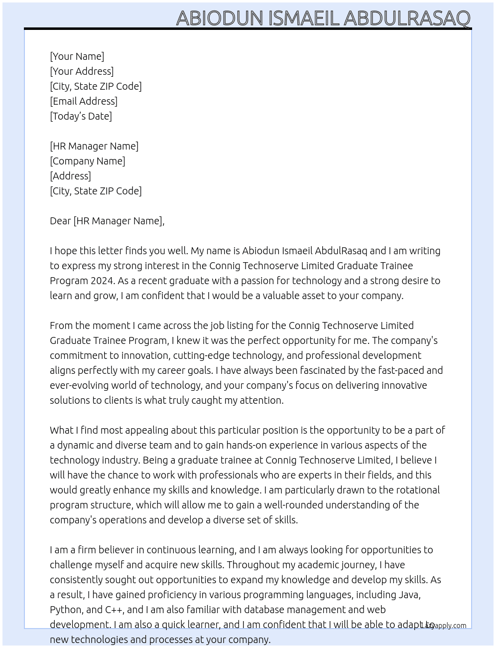 Connig Technoserve Limited Graduate Trainee Program 2024 At Connig Technoserve Limited Cover Letter