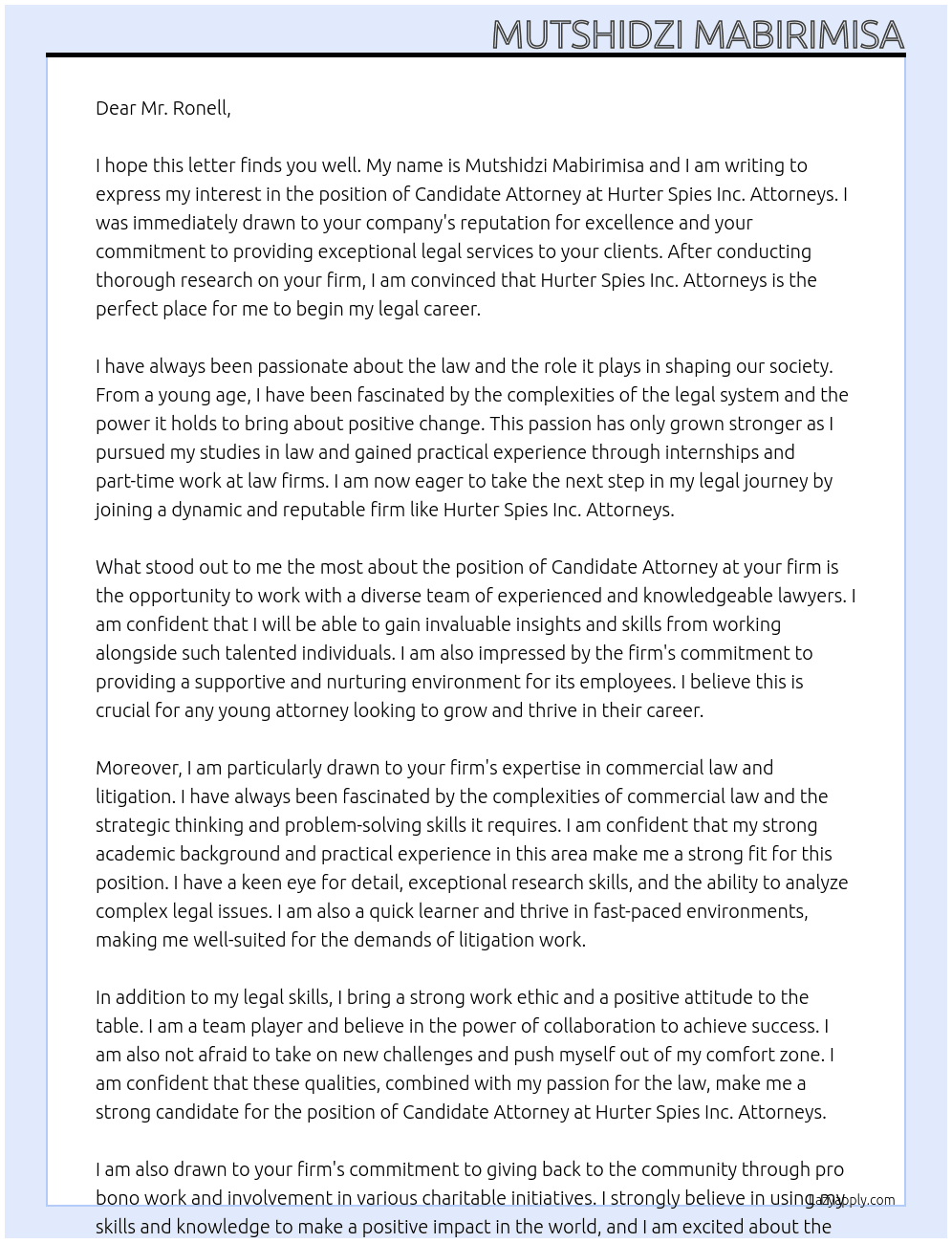 Candidate Attorney At Hurter Spies Inc. Attorneys Cover Letter