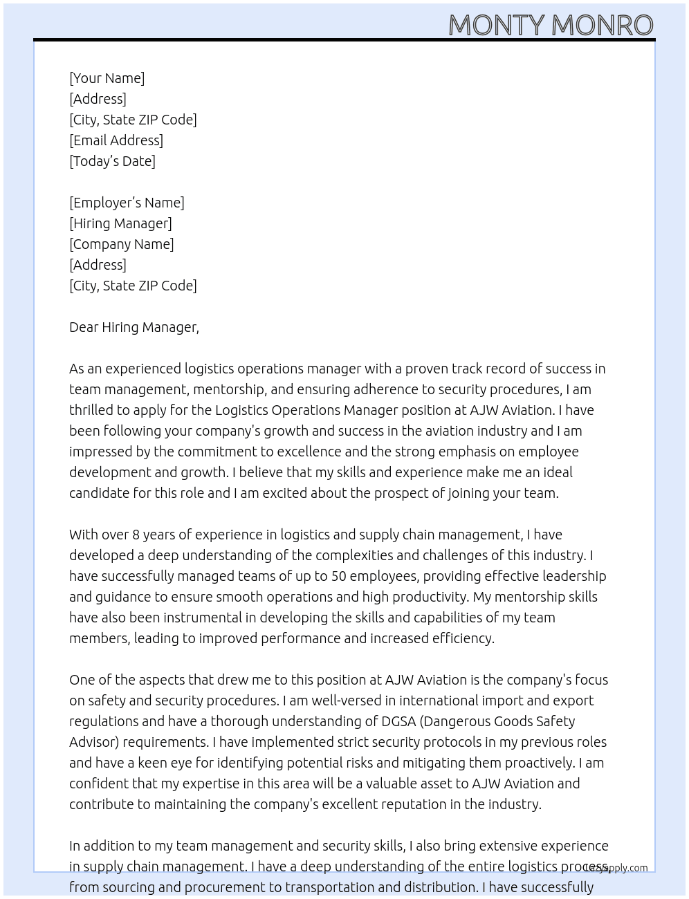 logistics operations manager At AJW aviation Cover Letter