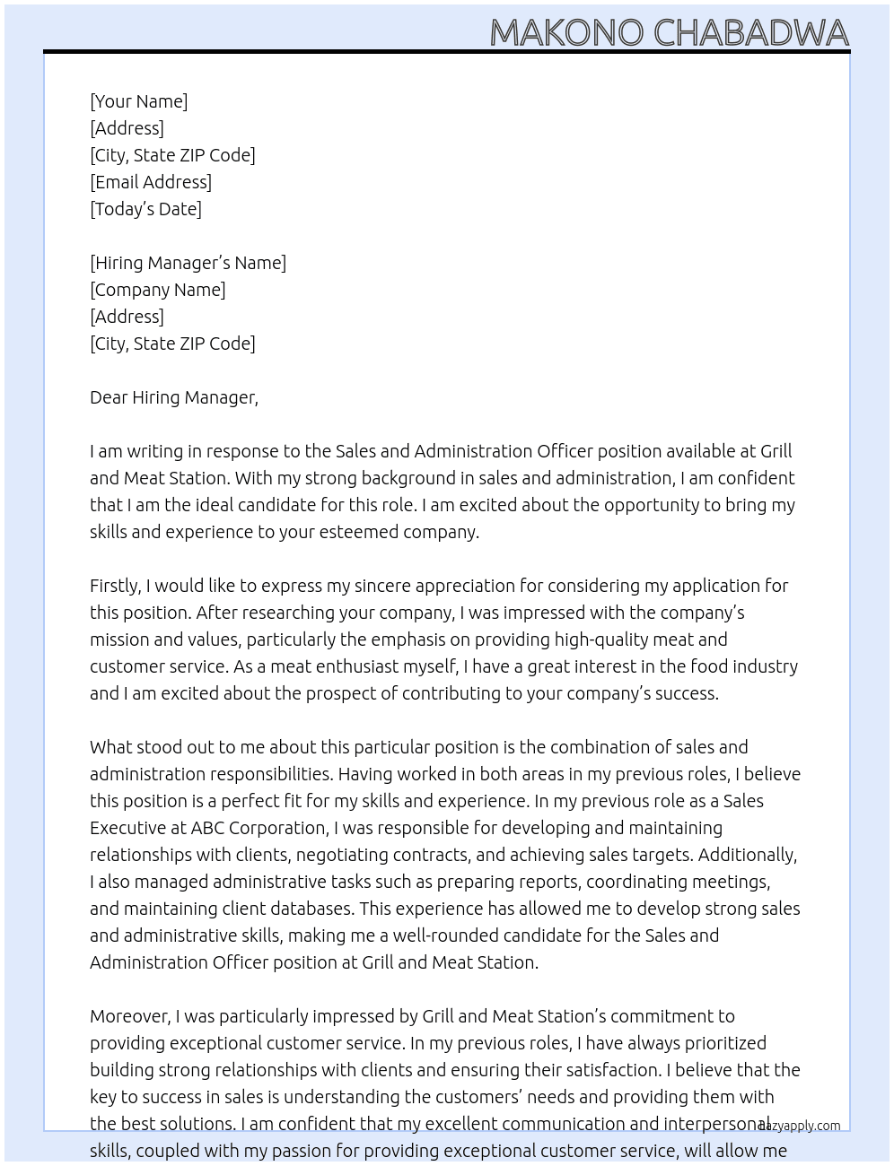 Sales and Administration Officer At Grill and Meat Station Cover Letter
