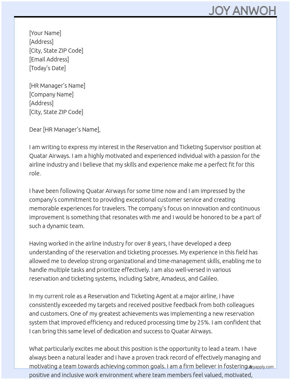 Reservation and ticketing supervisoe At Quatar Airways Cover Letter