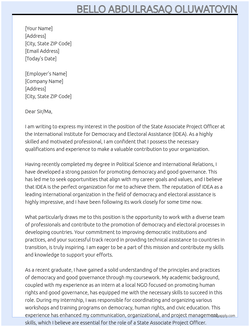 International Institute for Democracy and Electoral Assistance (IDEA) At The State Associate Project Officer, Cover Letter