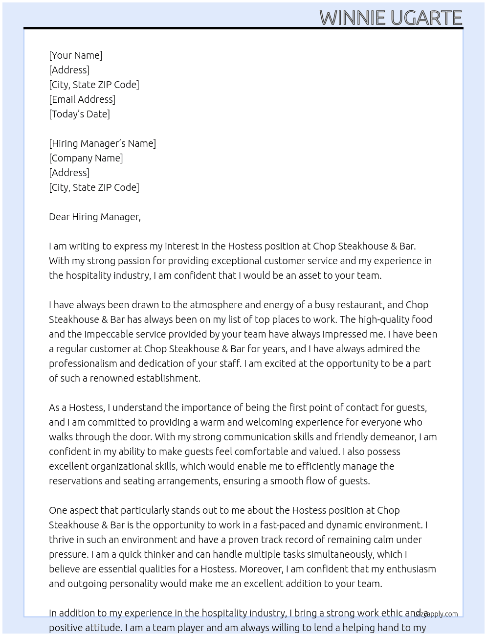 Hostess At Chop Steakhouse & Bar  Cover Letter