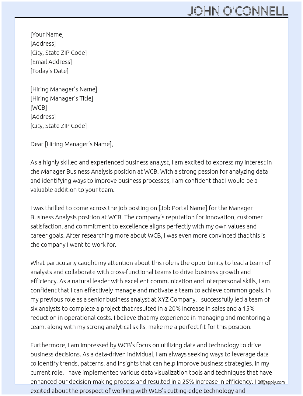 Manager Business Analysis At WCB Cover Letter