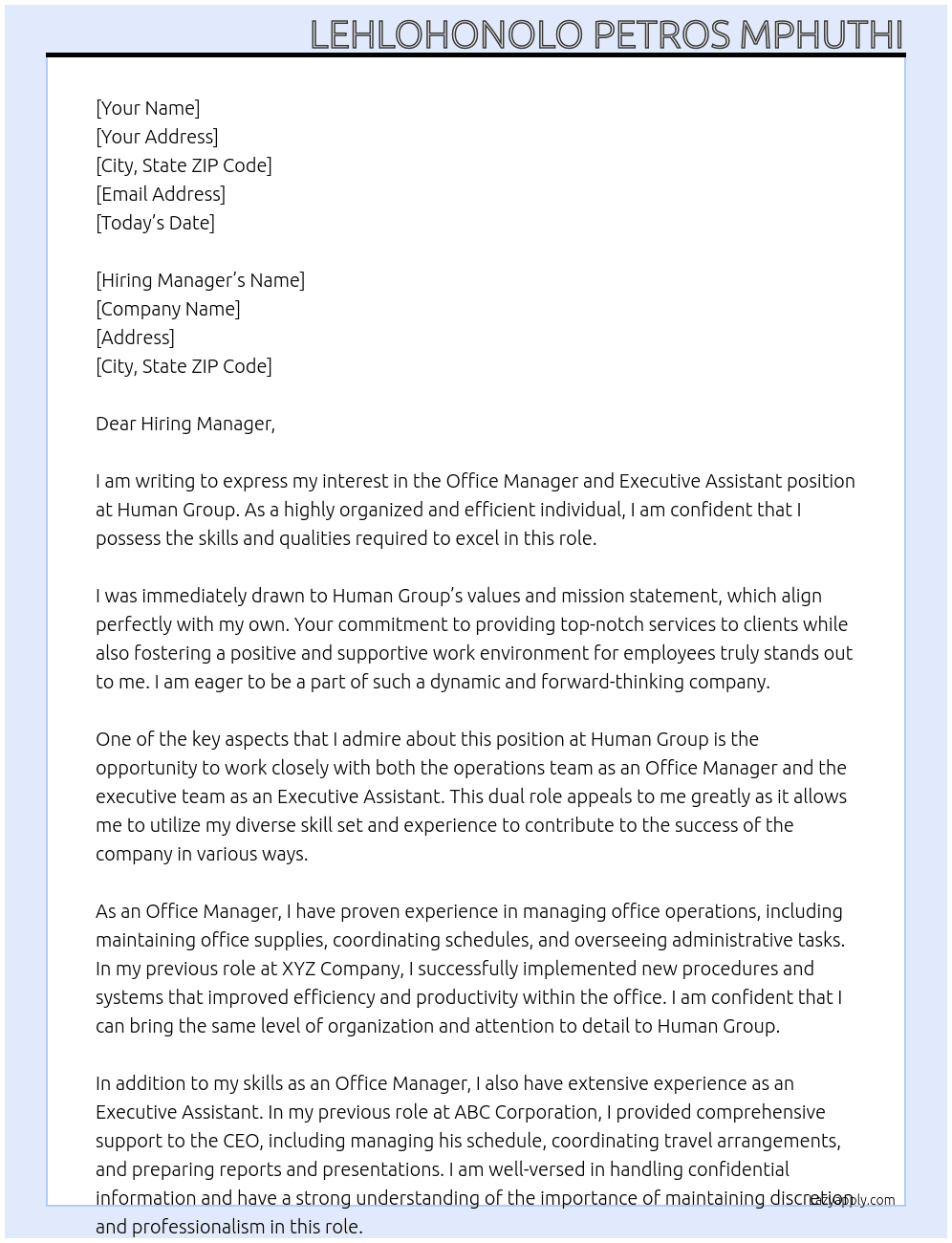 Office Manager and Executive Assistant At Human group Cover Letter