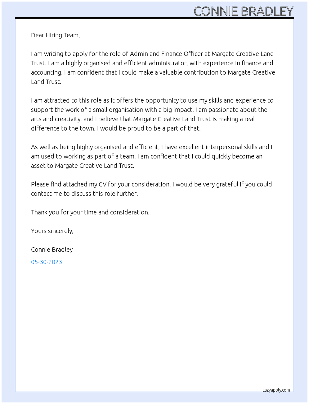 Admin and Finance Officer At Margate Creative Land Trust Cover Letter