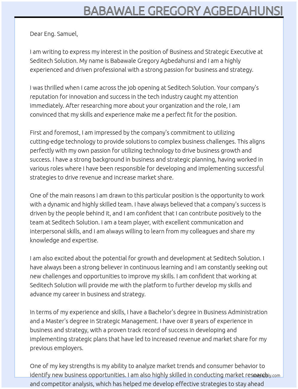 business and strategic executive  At Seditech Solution Cover Letter