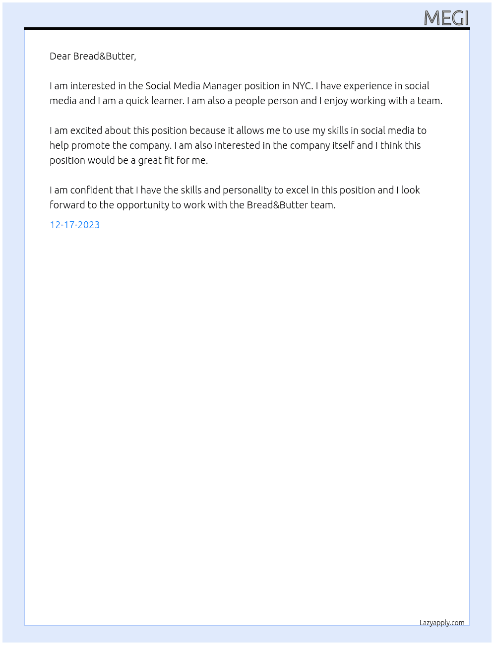 Social Media Manager (NYC) At Bread&Butter Cover Letter