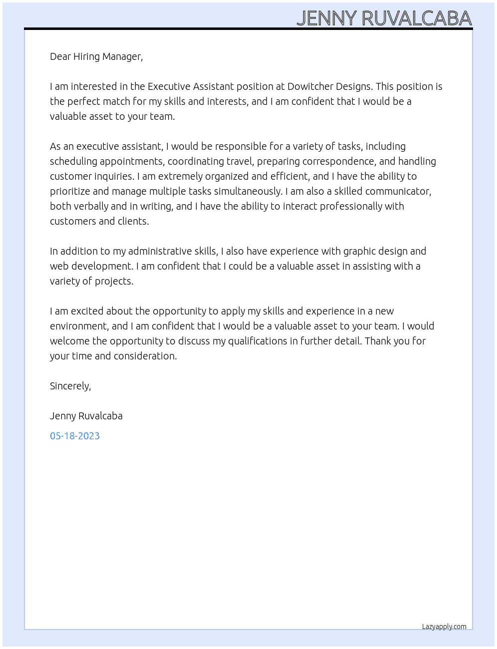 Executive Assistant At Dowitcher Designs Cover Letter