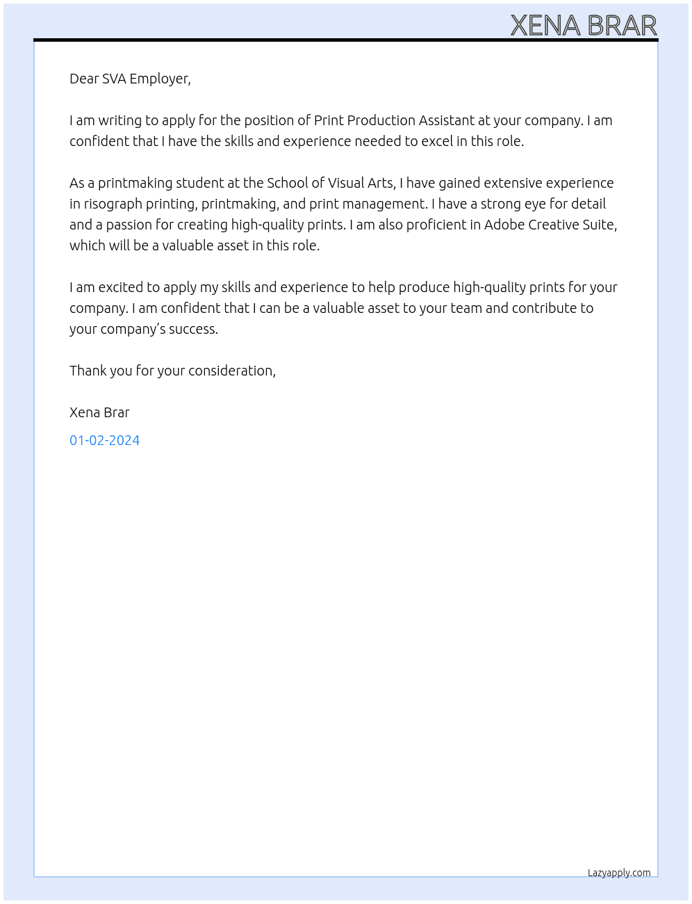 Print Production Assistant At School of Visual Arts Cover Letter