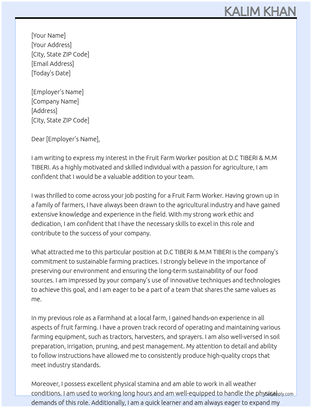 Fruit farm worker At D.C TIBERI & M.M TIBERI Cover Letter