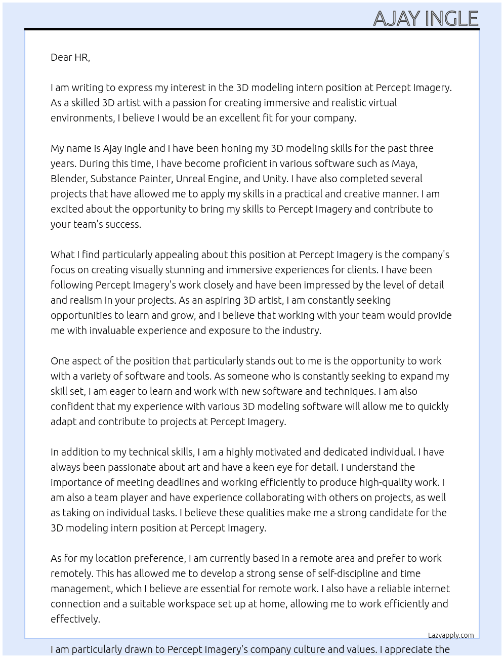 3d modling intern  At Percept imagery  Cover Letter