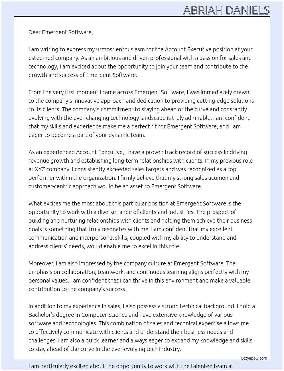 Account executive  At emergent software Cover Letter