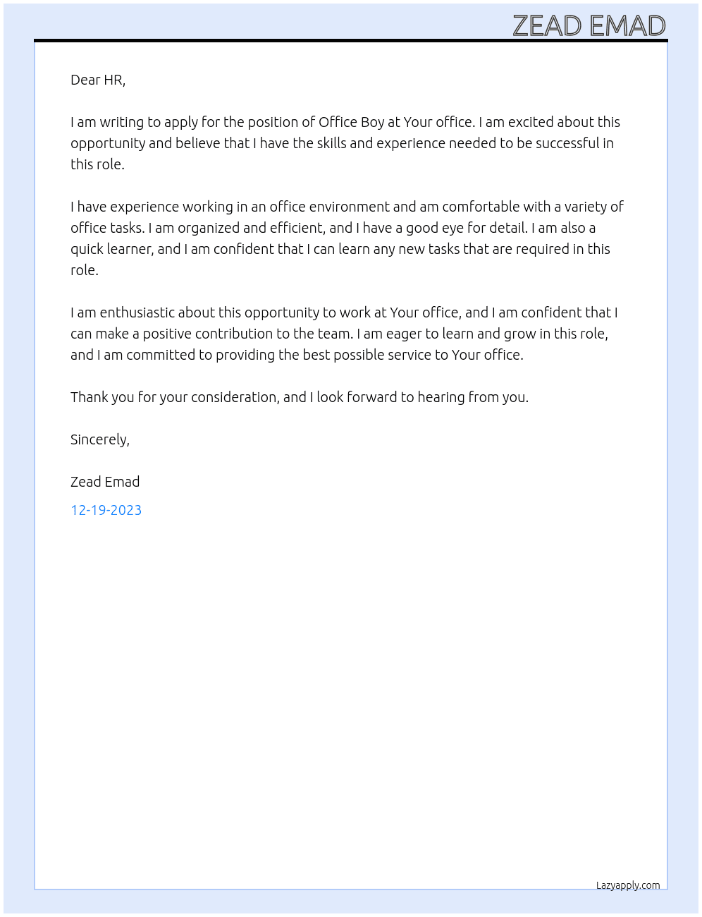 Office Boy At Your office  Cover Letter