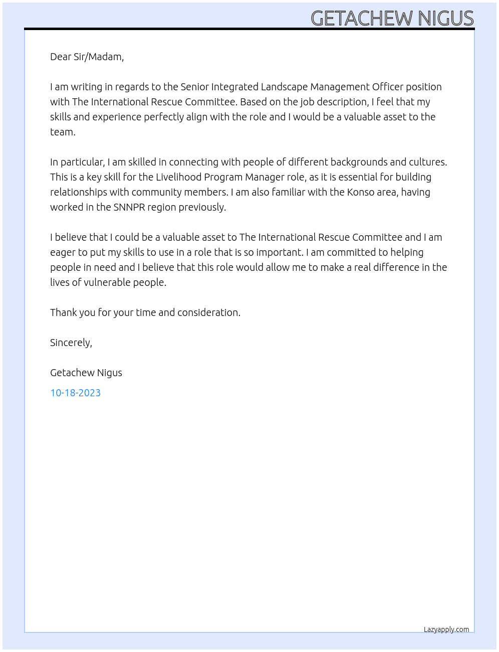 Senior Integrated Landscape Management Officer  At The International Rescue Committee Cover Letter