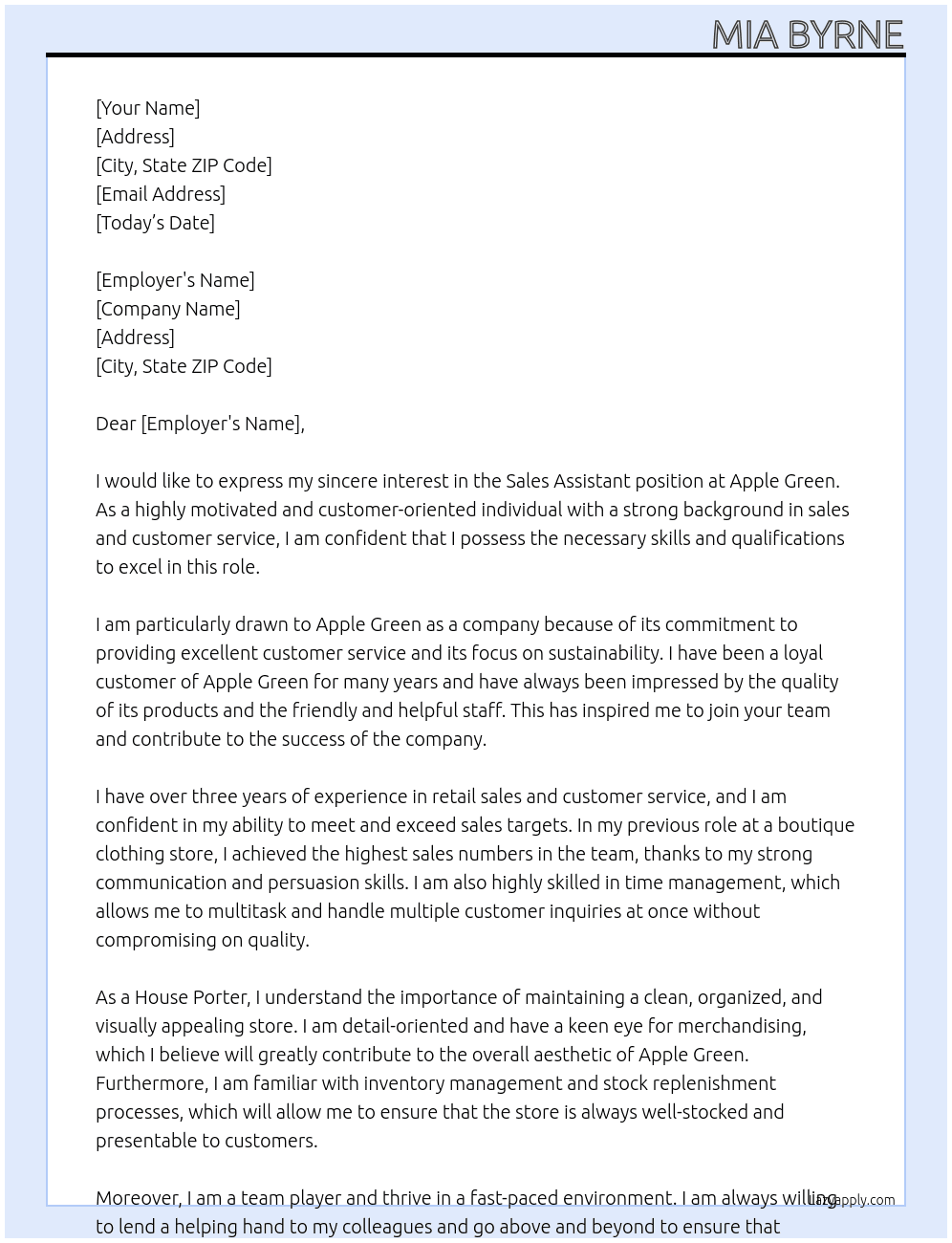 Sales assitant  At Apple green Cover Letter