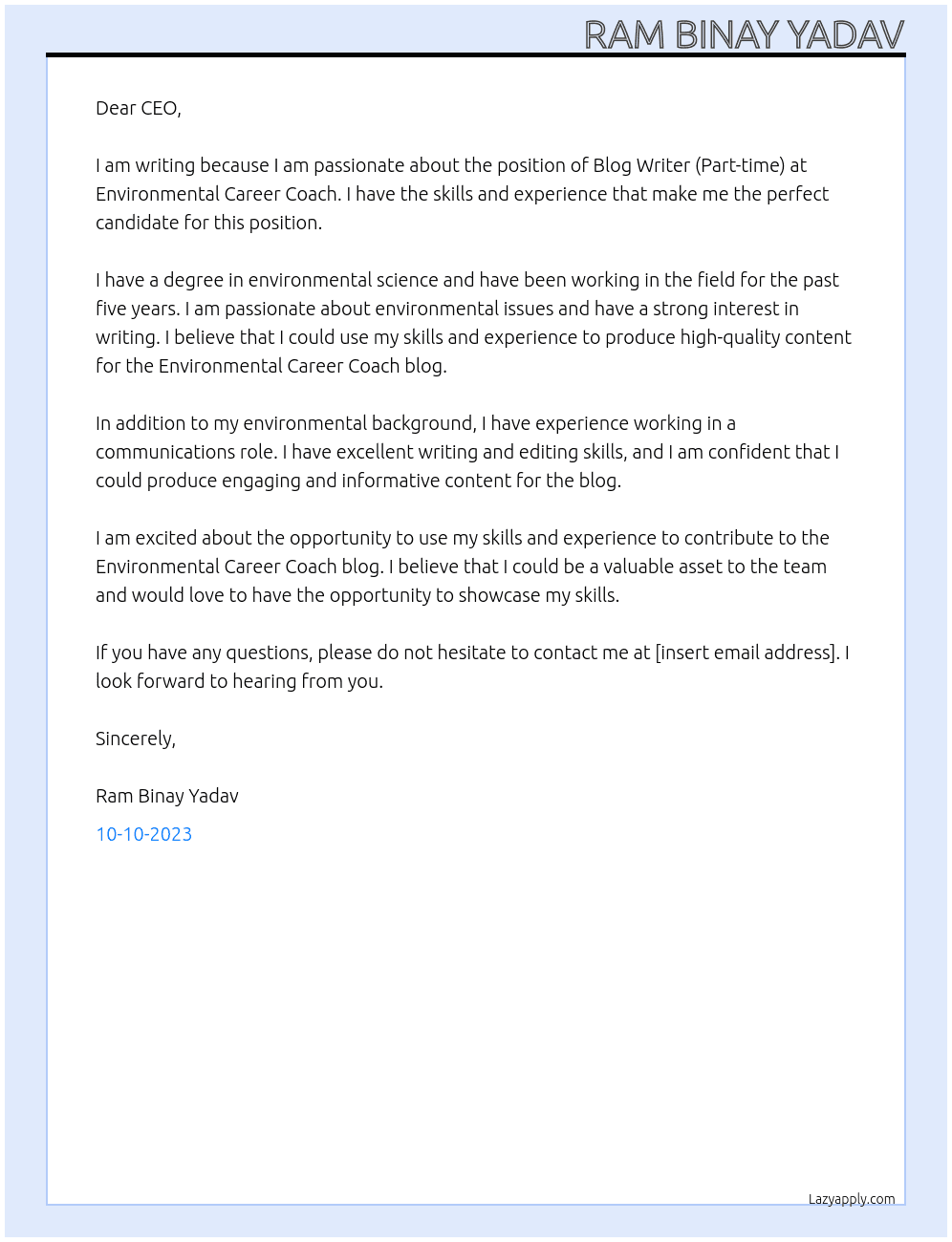 Blog Writer (Part-time) At Environmental Career Coach Cover Letter