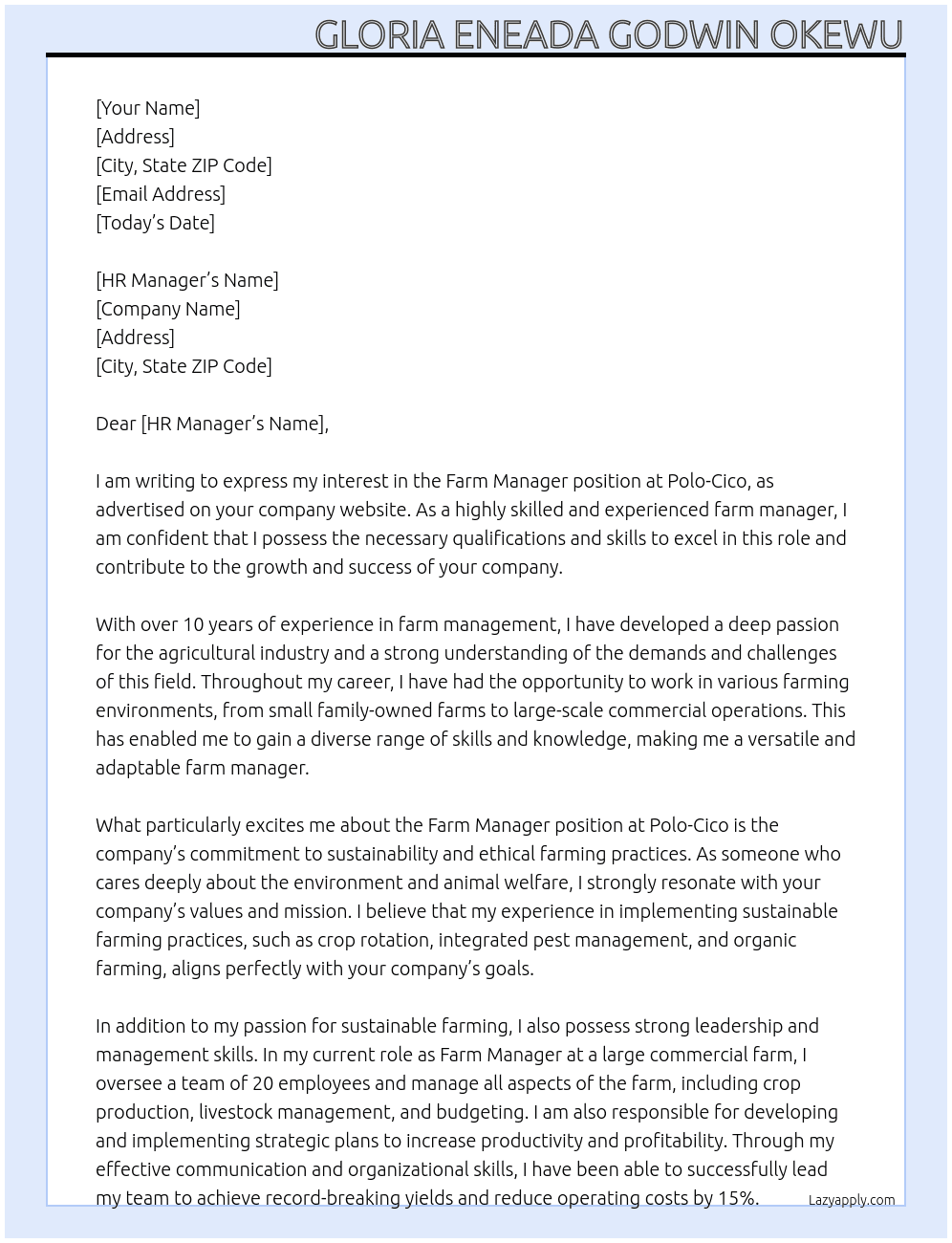 farm manager At Polo-Cico Cover Letter