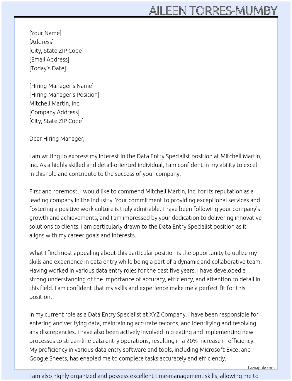 Data Entry Specialist At Mitchell Martin, Inc. Cover Letter