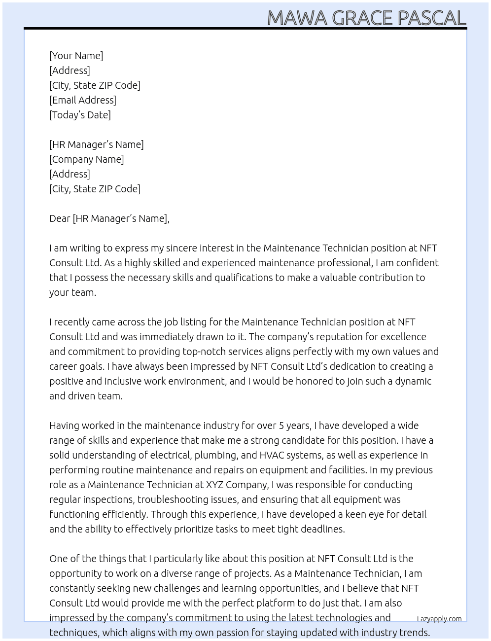 Maintenance Technician At NFT Consult Ltd Cover Letter