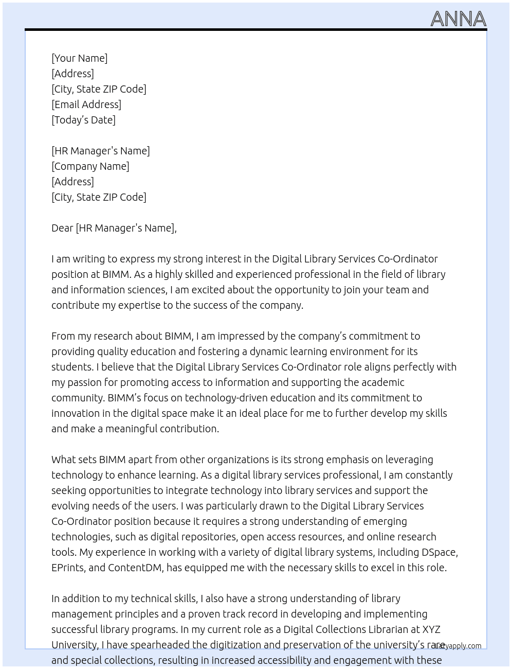 Digital Library Services Co-Ordinator At BIMM Cover Letter
